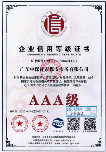 AAA级企业信用等级证书